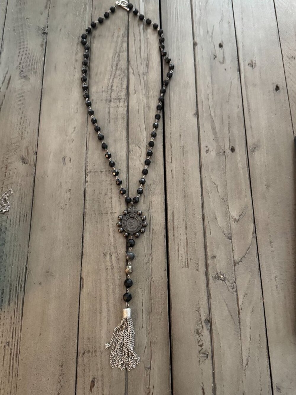 FRENCH KANDE Beaded Fringe Coin Pendant Tassel Toggle Necklace